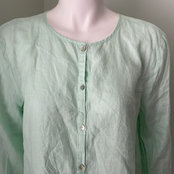 Eileen Fisher Mint Green 100% Organic Linen Long Sleeve Button Down Shirt Medium - Picture 2 of 7